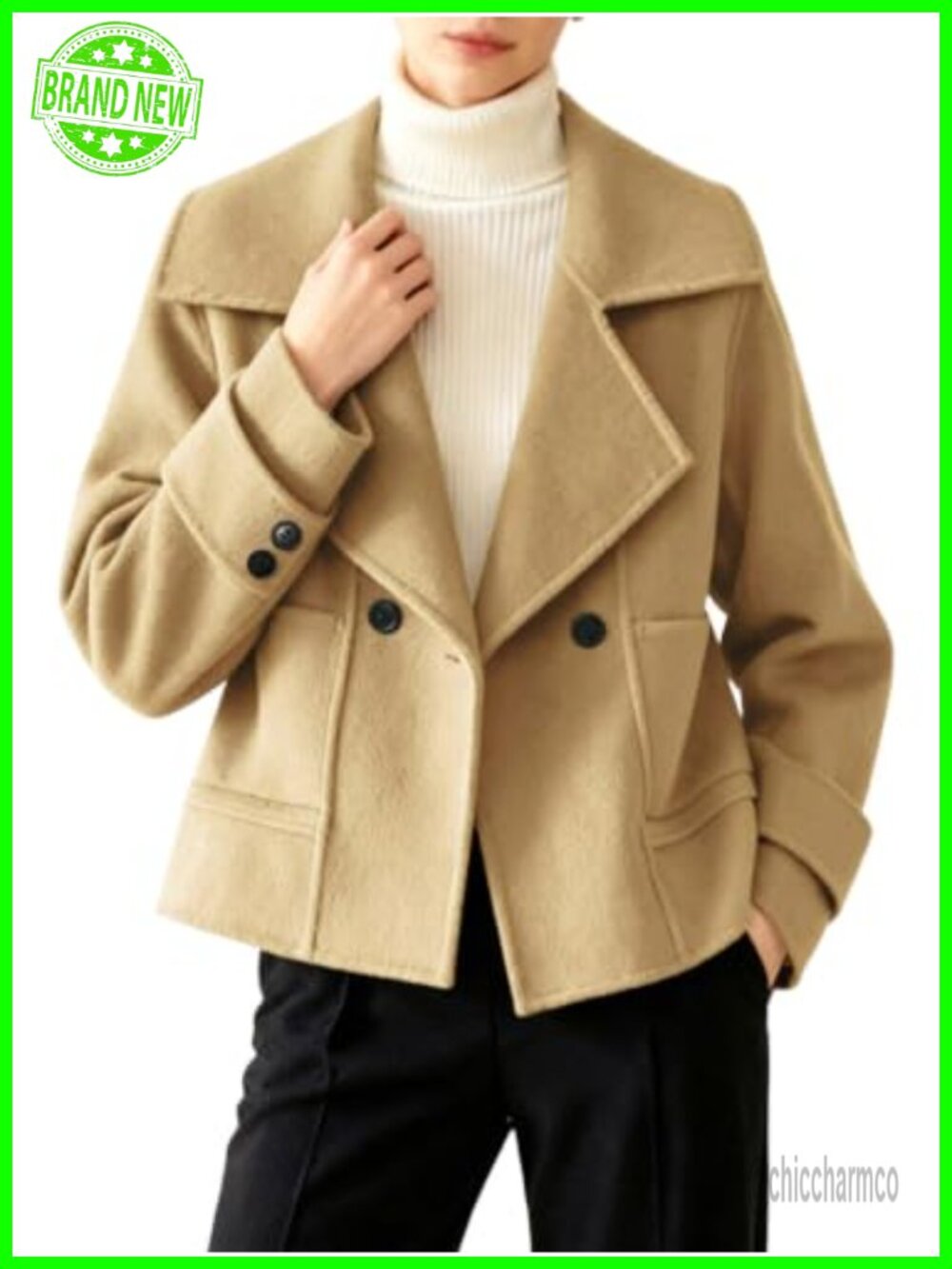 Womens Cropped Wool Pea Coat Notched Lapel Short Button Pockets
